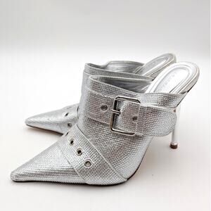 Azalea Wang Sayge Rhinestone Buckle Strap Mule Pump Women's Silver Sz US8.5 EU39